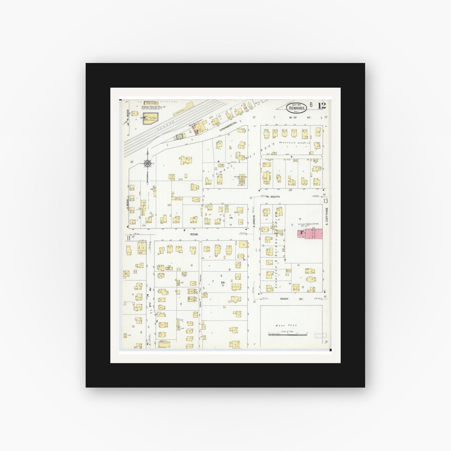 Old map wall art mockup — black gallery frame with white mat — Sanborn Fire Insurance Map from Kewanee, Henry County, Illinois (1910), Sheet #0012