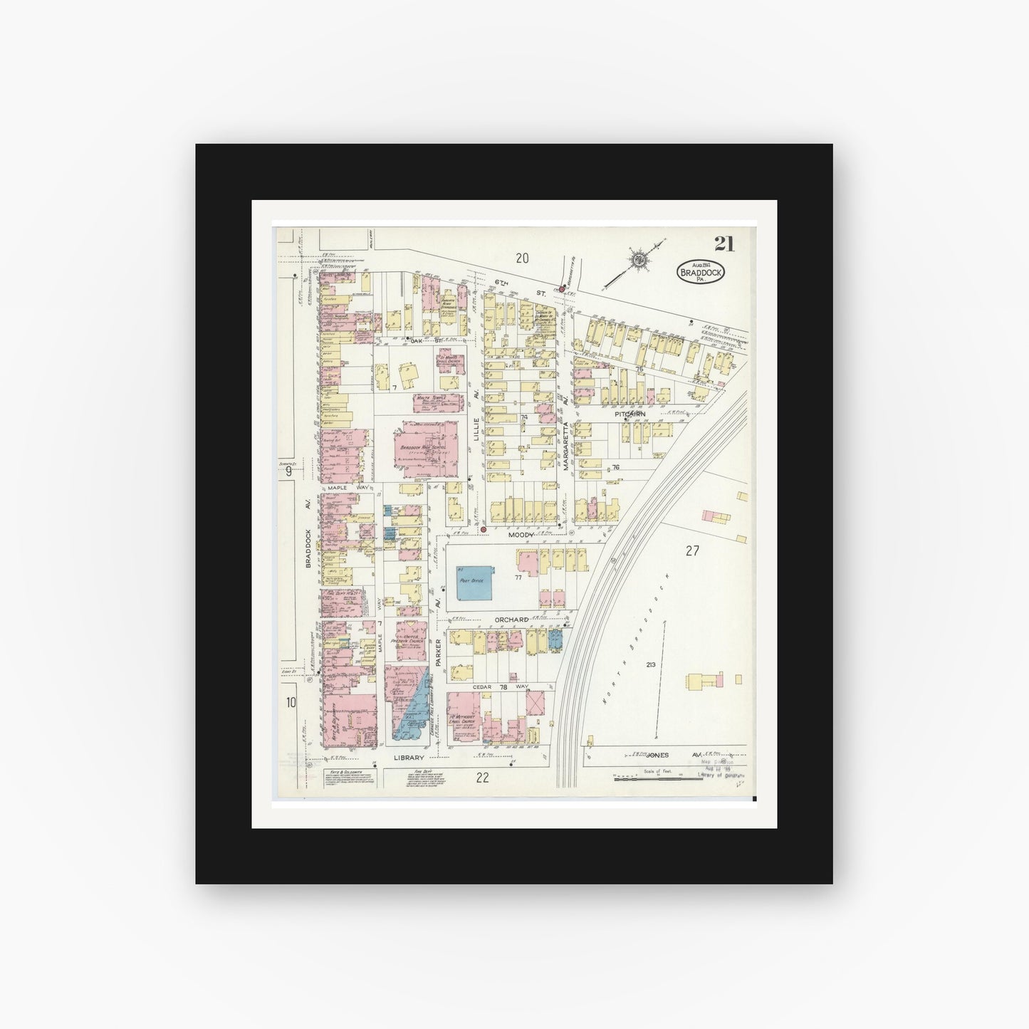 Old map wall art mockup — black gallery frame with white mat — Sanborn Fire Insurance Map from Braddock, Allegheny County, Pennsylvania (1914), Sheet #0021