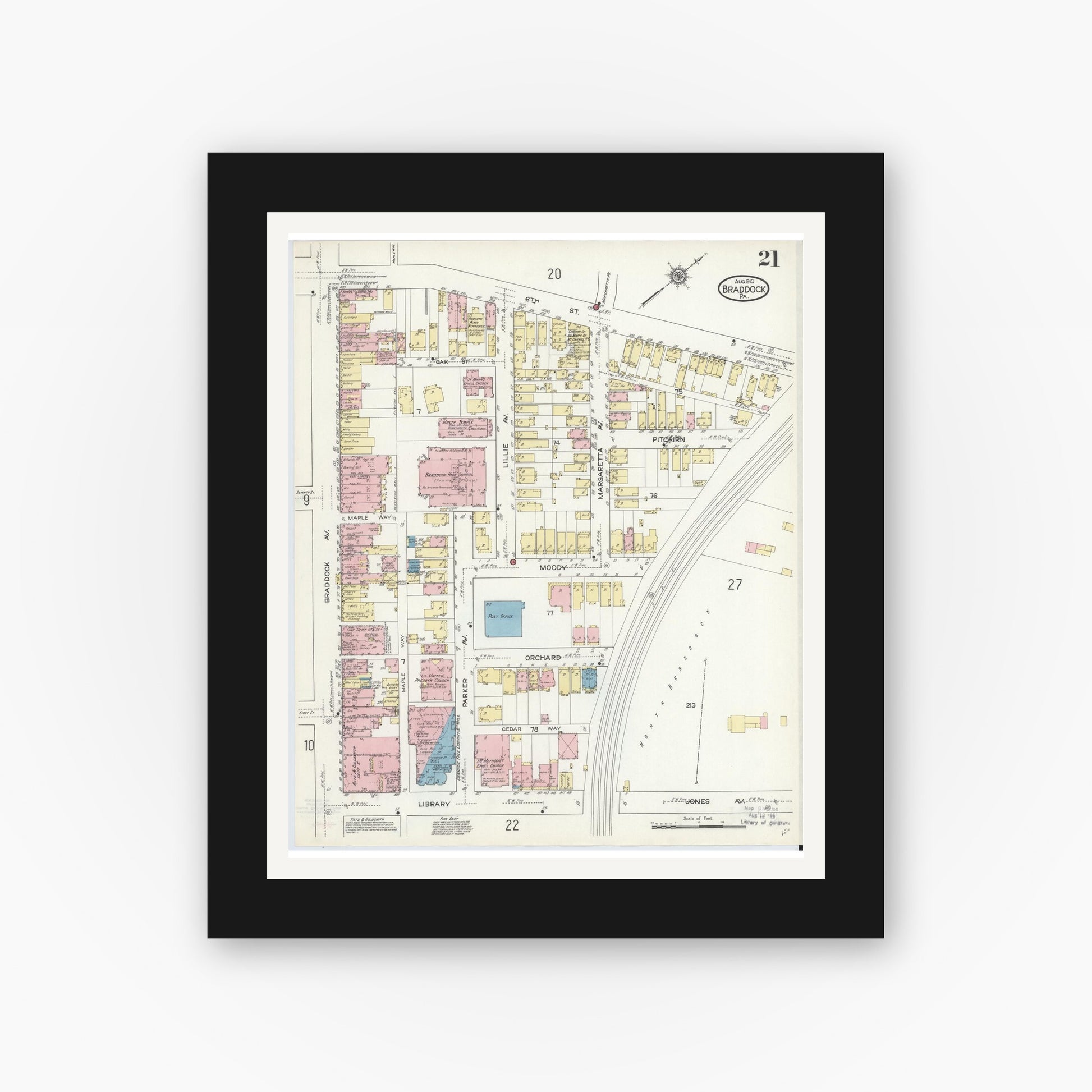 Old map wall art mockup — black gallery frame with white mat — Sanborn Fire Insurance Map from Braddock, Allegheny County, Pennsylvania (1914), Sheet #0021