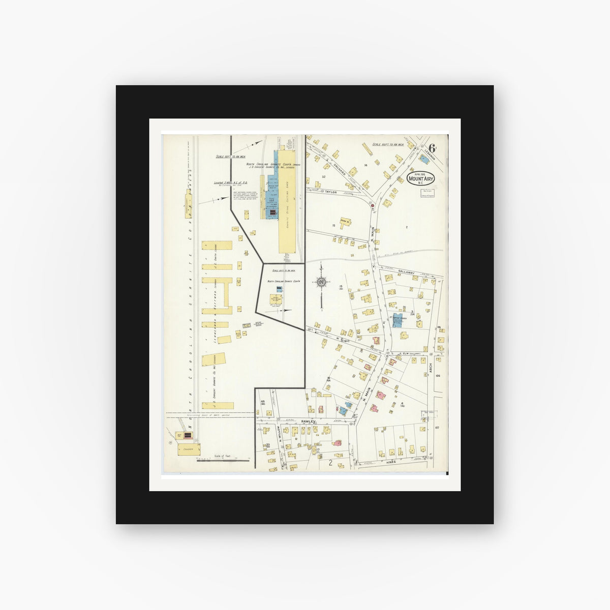 Old map wall art mockup — black gallery frame with white mat — Sanborn Fire Insurance Map from Mount Airy, Surry County, North Carolina (1916), Sheet #0006
