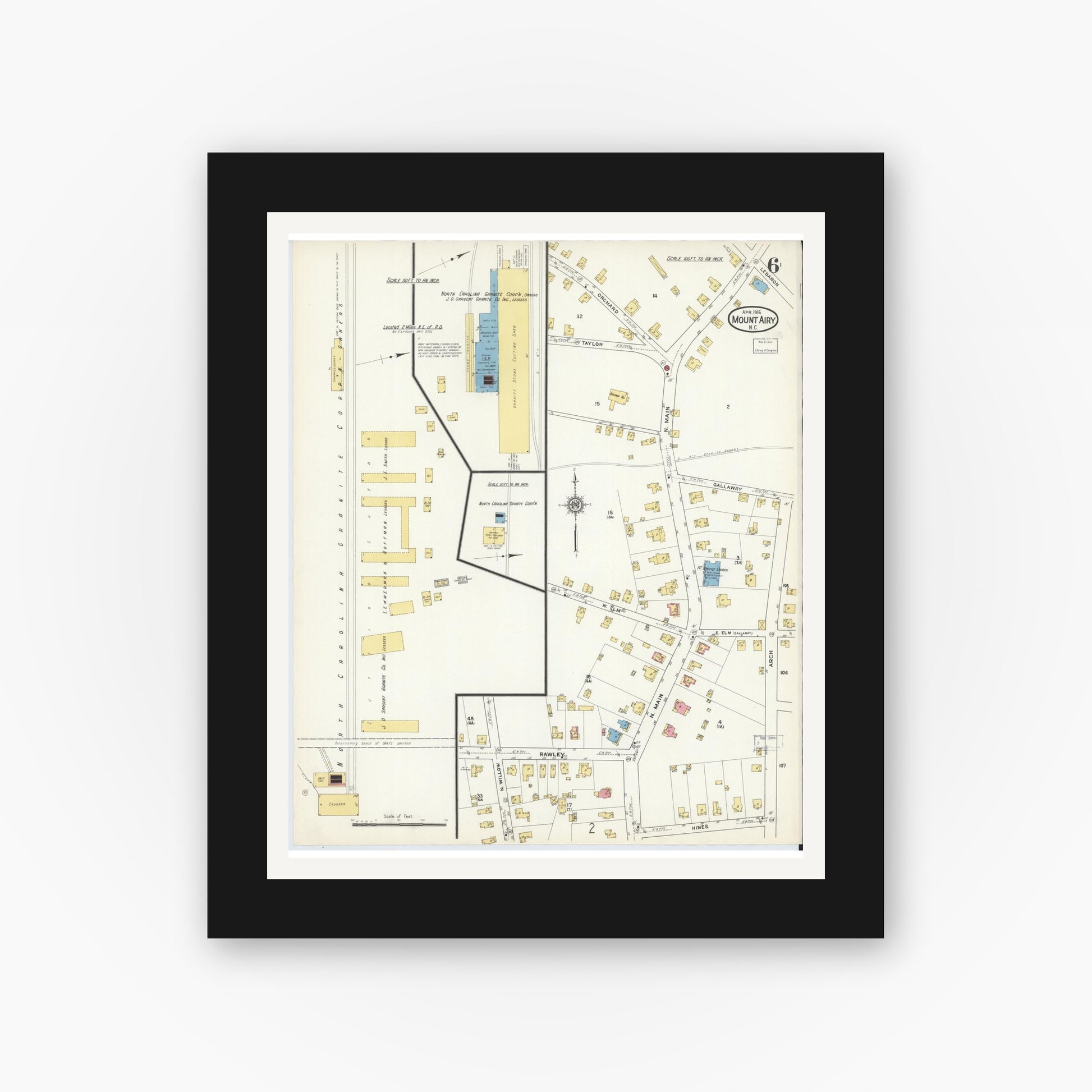 Old map wall art mockup — black gallery frame with white mat — Sanborn Fire Insurance Map from Mount Airy, Surry County, North Carolina (1916), Sheet #0006