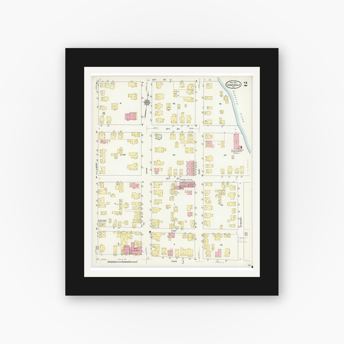 Old map wall art mockup — black gallery frame with white mat — Sanborn Fire Insurance Map from Honesdale, Wayne County, Pennsylvania (1912), Sheet #0002