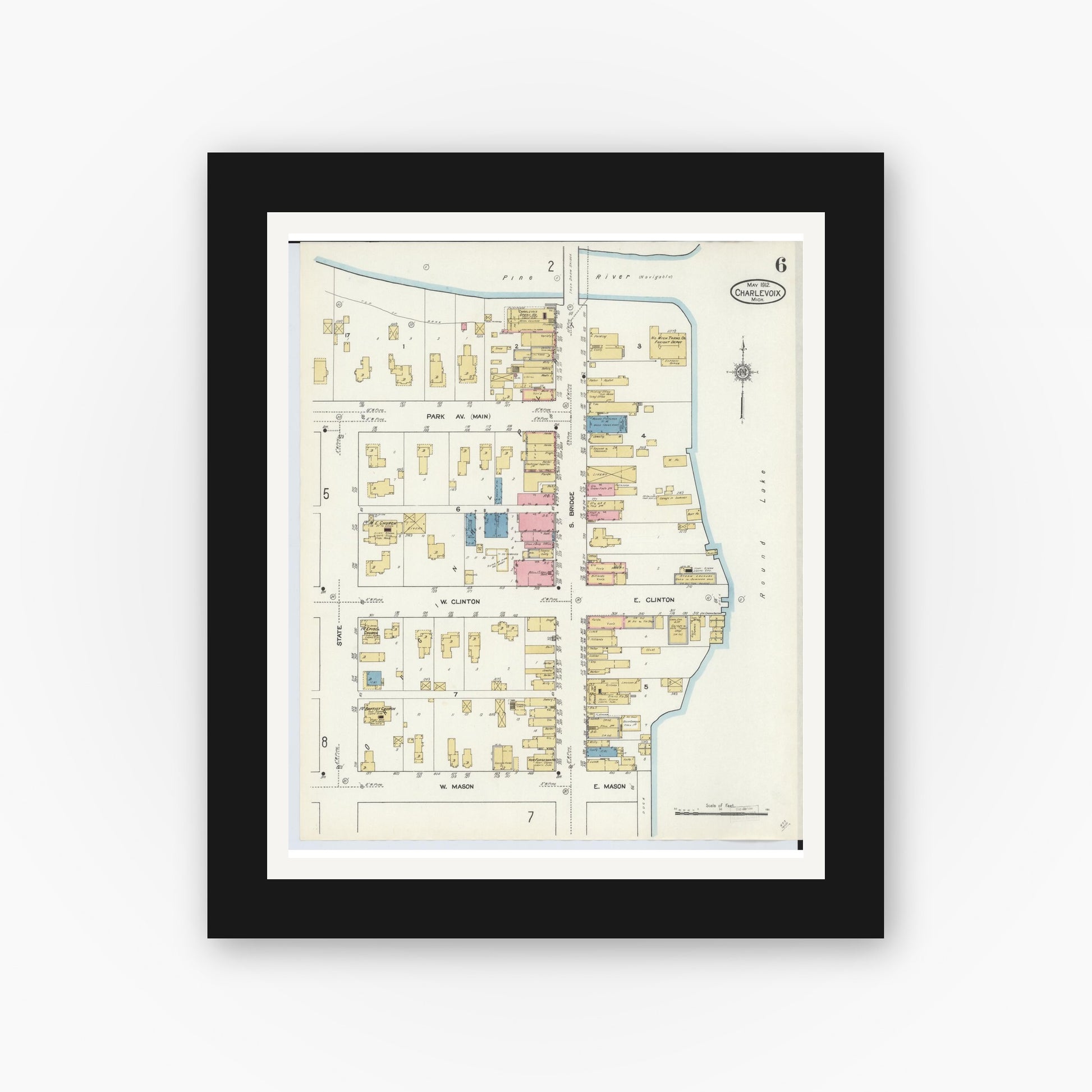 Old map wall art mockup — black gallery frame with white mat — Sanborn Fire Insurance Map from Charlevoix, Charlevoix County, Michigan (1912), Sheet #0006