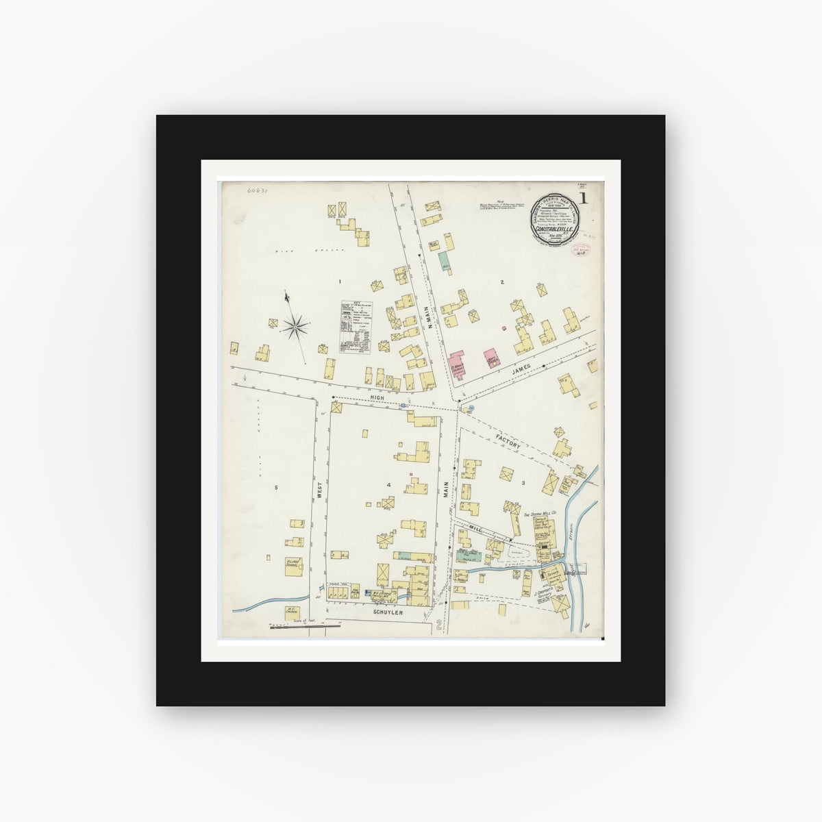 Old map wall art mockup — black gallery frame with white mat — Sanborn Fire Insurance Map from Constableville, Lewis County, New York (1895), Sheet #0001