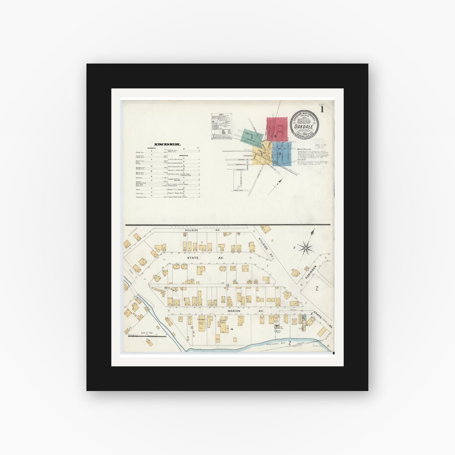 Old map wall art mockup — black gallery frame with white mat — Sanborn Fire Insurance Map from Oakdale, Allegheny County, Pennsylvania (1908), Sheet #0001
