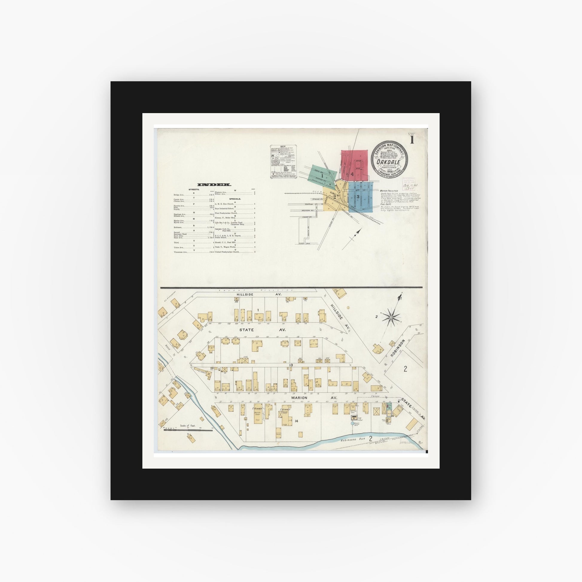 Old map wall art mockup — black gallery frame with white mat — Sanborn Fire Insurance Map from Oakdale, Allegheny County, Pennsylvania (1908), Sheet #0001
