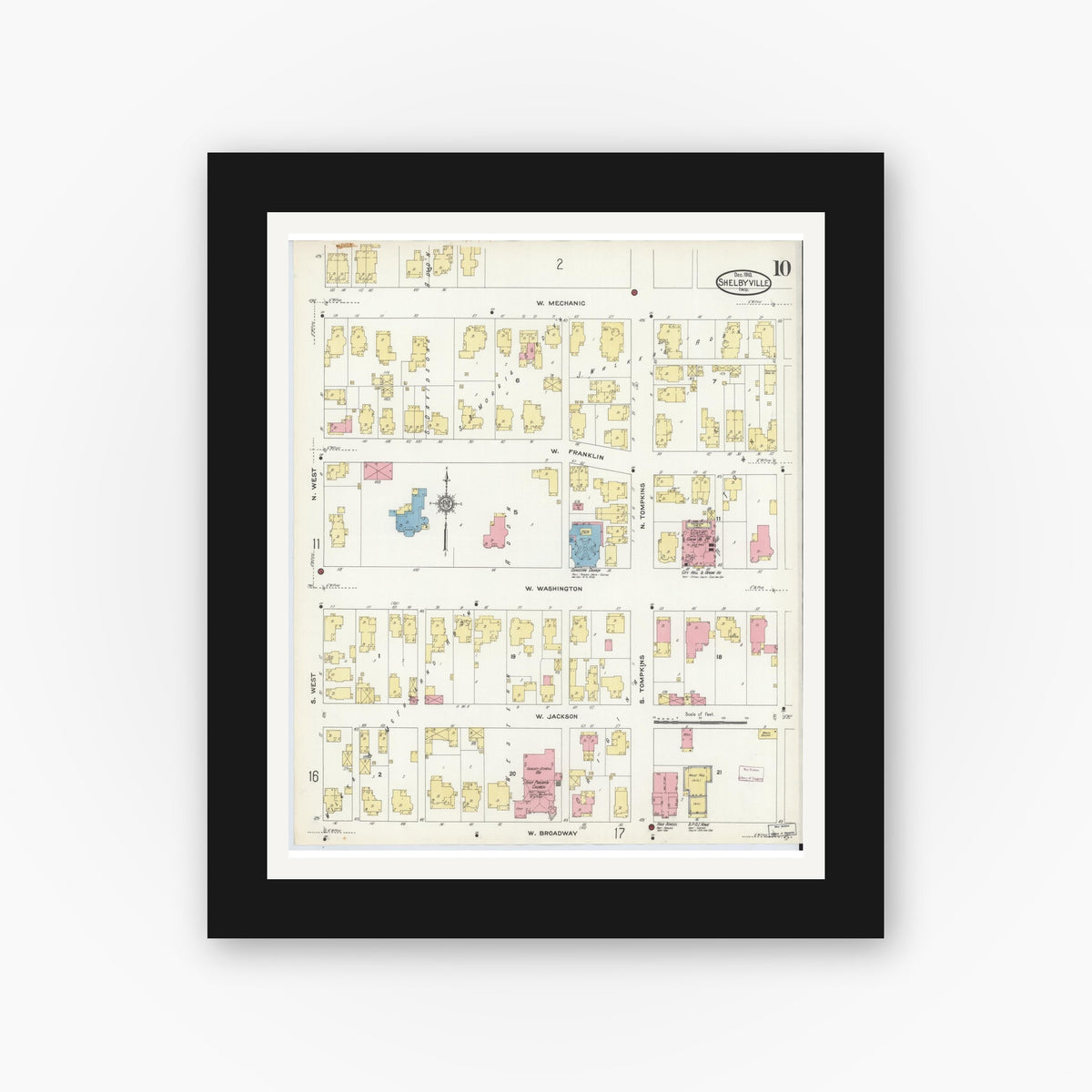Old map wall art mockup — black gallery frame with white mat — Sanborn Fire Insurance Map from Shelbyville, Shelby County, Indiana (1910), Sheet #0010