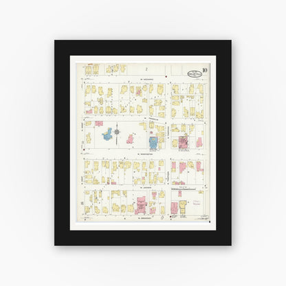 Old map wall art mockup — black gallery frame with white mat — Sanborn Fire Insurance Map from Shelbyville, Shelby County, Indiana (1910), Sheet #0010