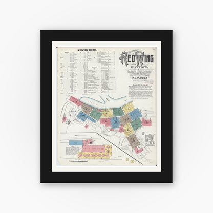 Old map wall art mockup — black gallery frame with white mat — Sanborn Fire Insurance Map from Red Wing, Goodhue County, Minnesota (1902), Sheet #0001