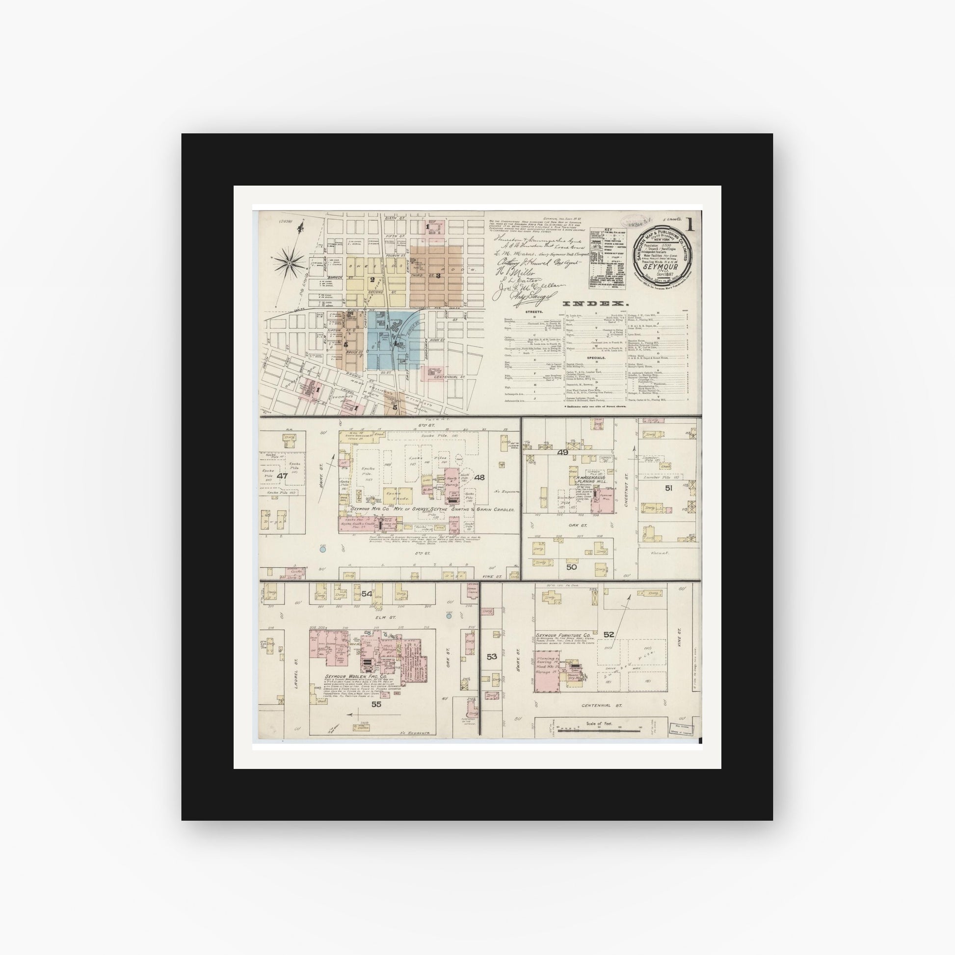 Old map wall art mockup — black gallery frame with white mat — Sanborn Fire Insurance Map from Seymour, Jackson County, Indiana (1887) - Complete Map Set