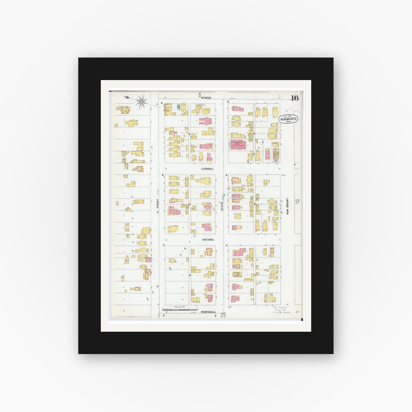 Old map wall art mockup — black gallery frame with white mat — Sanborn Fire Insurance Map from Mankato, Blue Earth County, Minnesota (1900), Sheet #0016