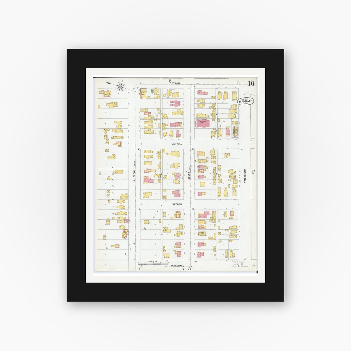 Old map wall art mockup — black gallery frame with white mat — Sanborn Fire Insurance Map from Mankato, Blue Earth County, Minnesota (1900), Sheet #0016