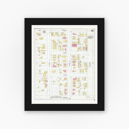 Old map wall art mockup — black gallery frame with white mat — Sanborn Fire Insurance Map from Mankato, Blue Earth County, Minnesota (1900), Sheet #0016