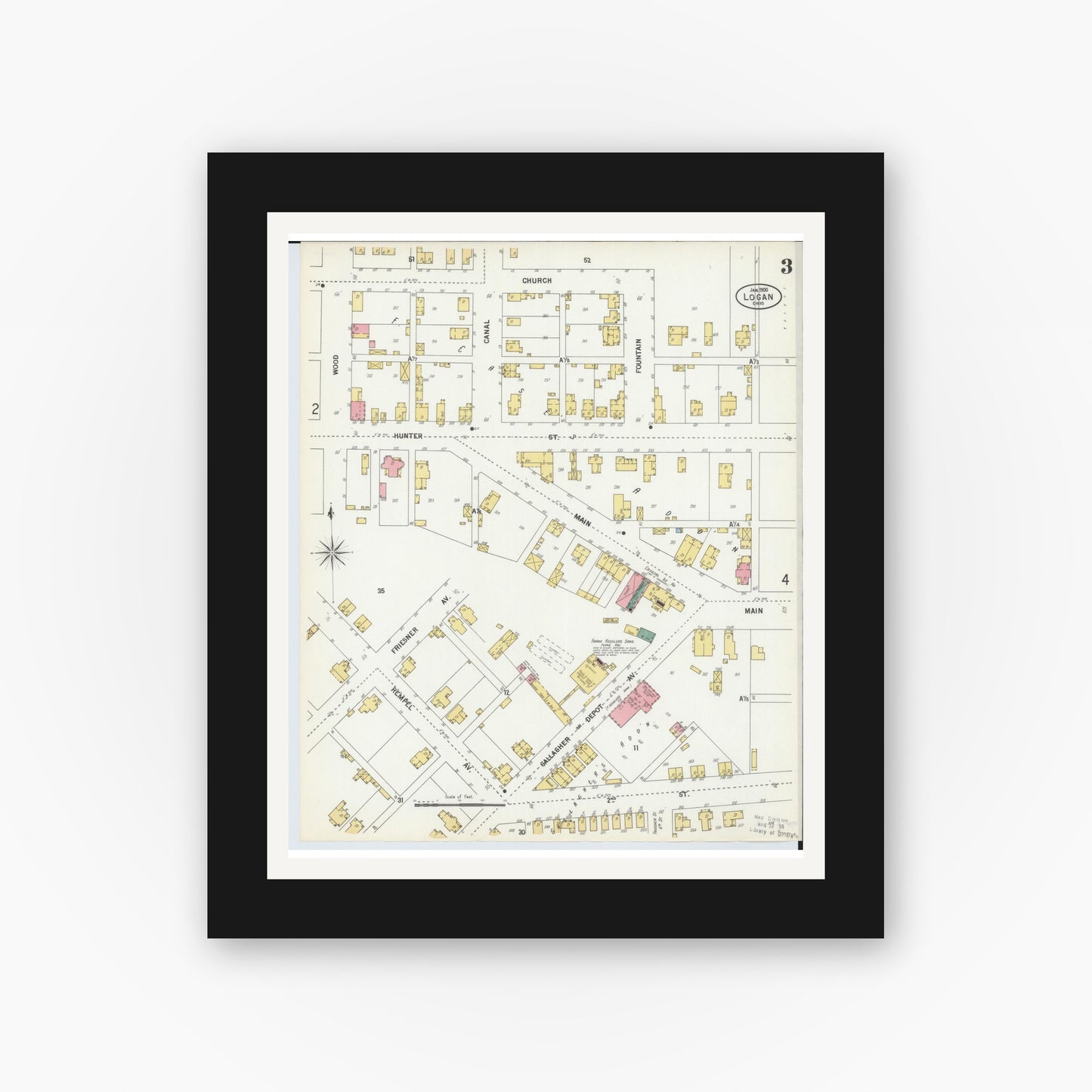 Old map wall art mockup — black gallery frame with white mat — Sanborn Fire Insurance Map from Logan, Hocking County, Ohio (1900), Sheet #0003