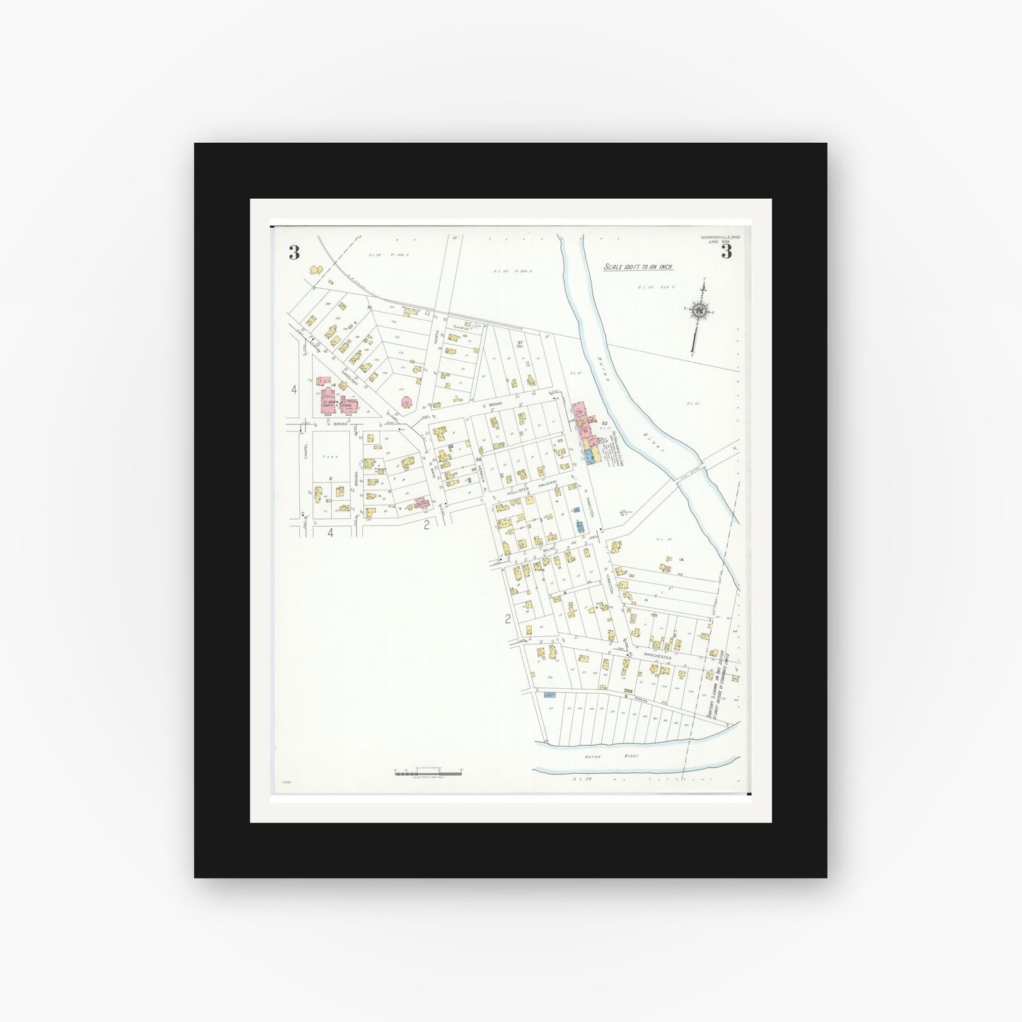 Old map wall art mockup — black gallery frame with white mat — Sanborn Fire Insurance Map from Monroeville, Huron County, Ohio (1939), Sheet #0003