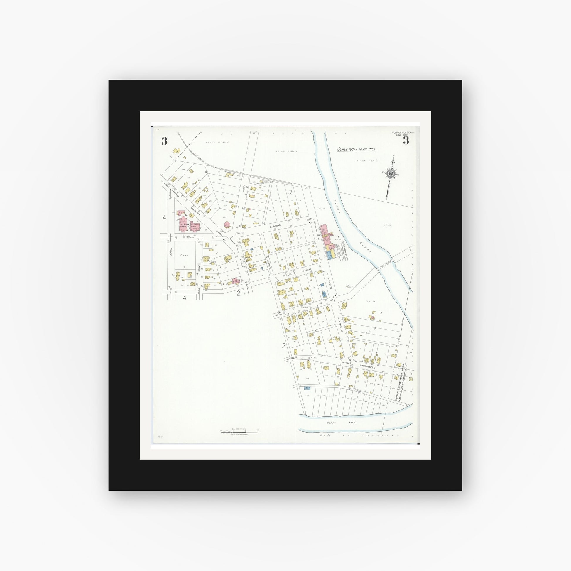 Old map wall art mockup — black gallery frame with white mat — Sanborn Fire Insurance Map from Monroeville, Huron County, Ohio (1939), Sheet #0003