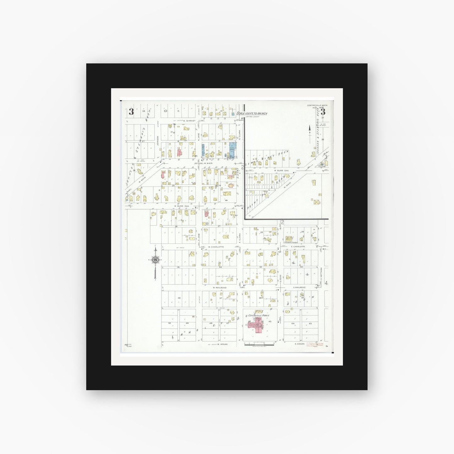 Old map wall art mockup — black gallery frame with white mat — Sanborn Fire Insurance Map from Centreville, Saint Joseph County, Michigan (1939), Sheet #0003