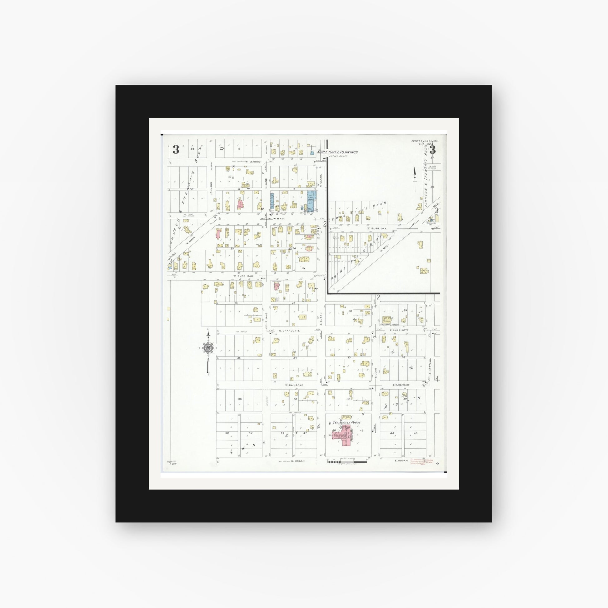 Old map wall art mockup — black gallery frame with white mat — Sanborn Fire Insurance Map from Centreville, Saint Joseph County, Michigan (1939), Sheet #0003