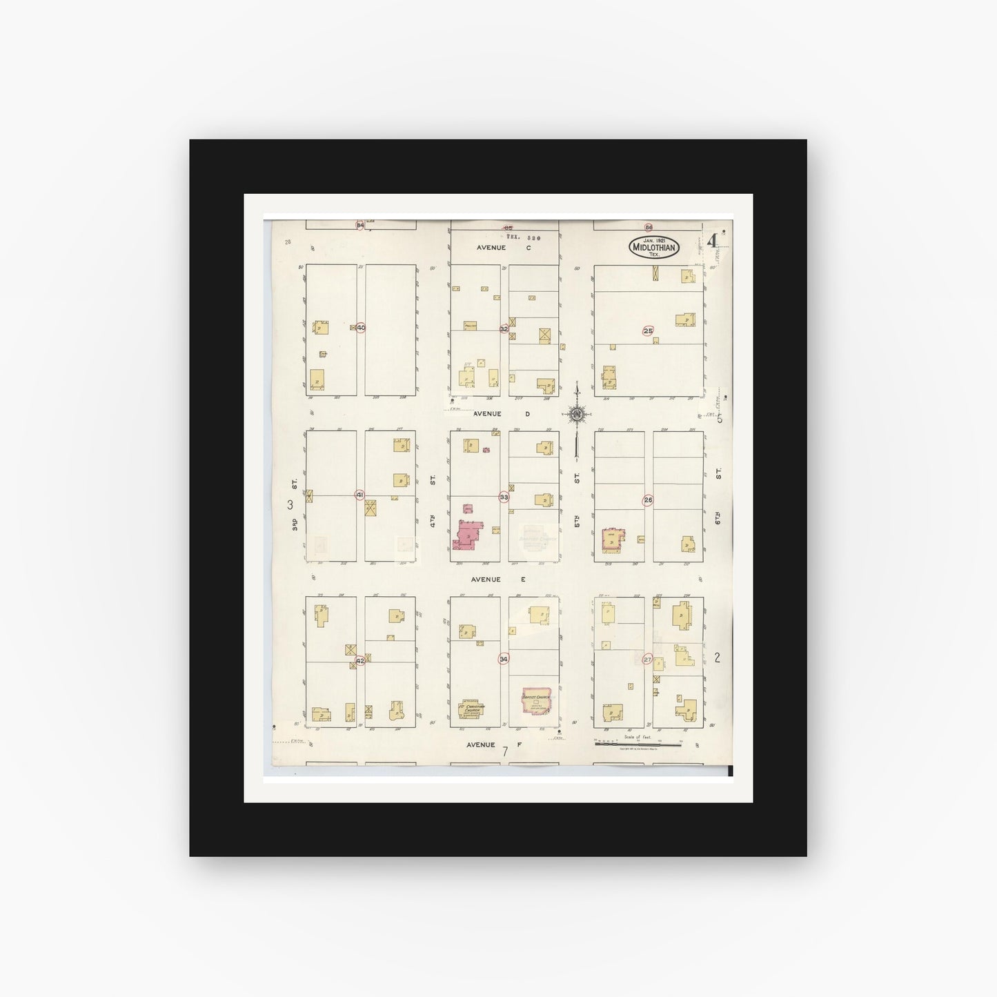 Old map wall art mockup — black gallery frame with white mat — Sanborn Fire Insurance Map from Midlothian, Ellis County, Texas (1944), Sheet #0004