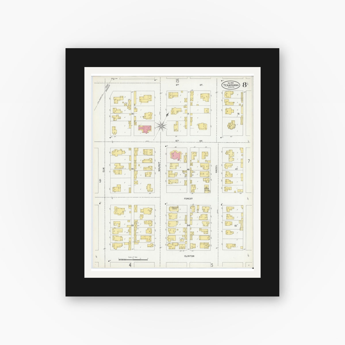 Old map wall art mockup — black gallery frame with white mat — Sanborn Fire Insurance Map from Texarkana, Bowie County, Texas (1900), Sheet #0008