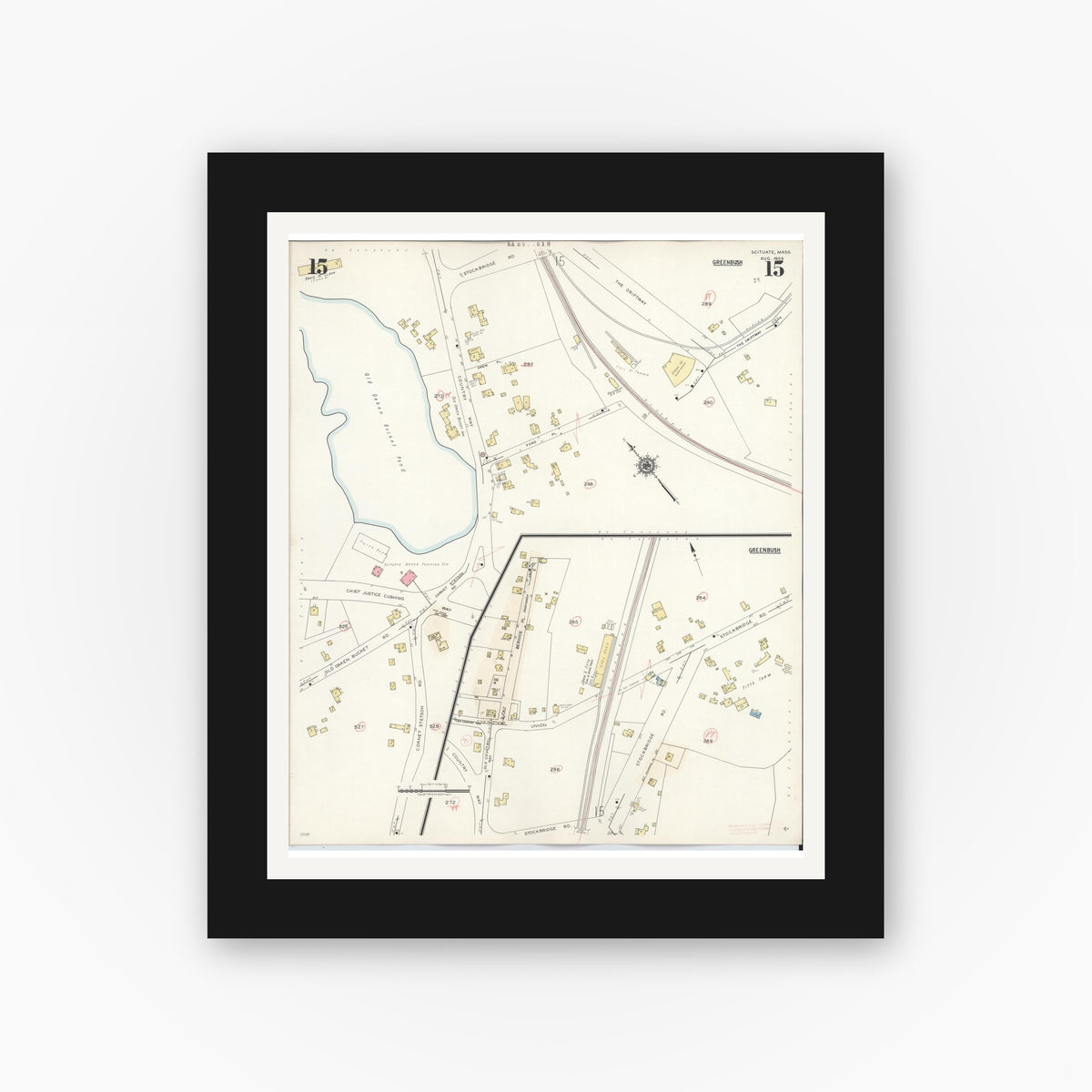 Old map wall art mockup — black gallery frame with white mat — Sanborn Fire Insurance Map from Scituate, Plymouth County, Massachusetts (1944), Sheet #0015