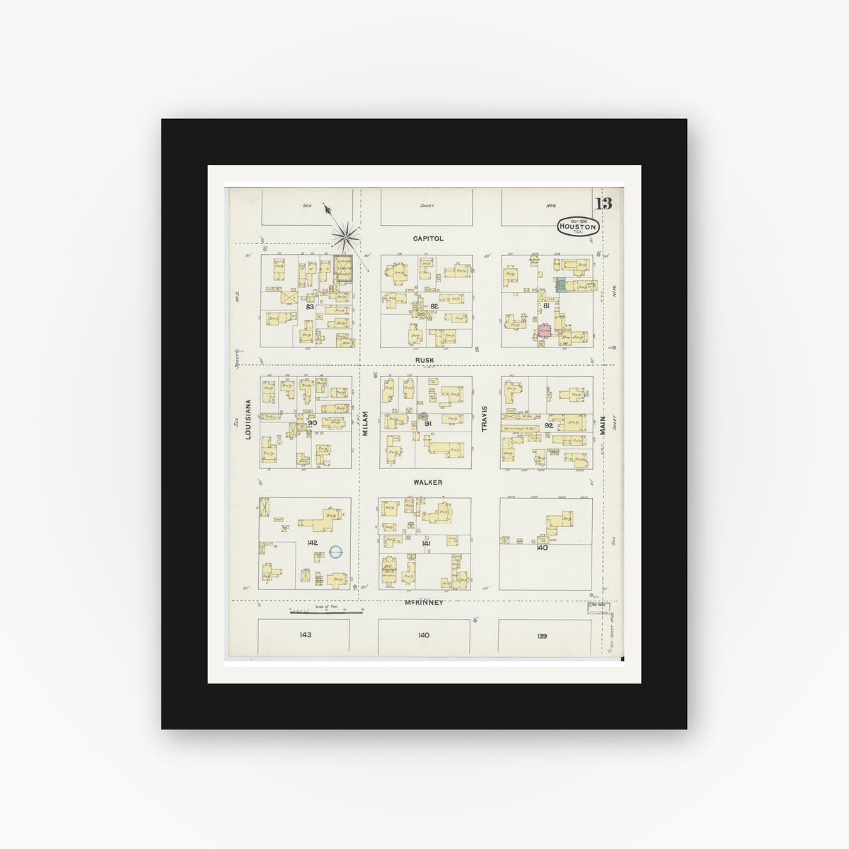 Old map wall art mockup — black gallery frame with white mat — Sanborn Fire Insurance Map from Houston, Harris County, Texas (1890), Sheet #0013