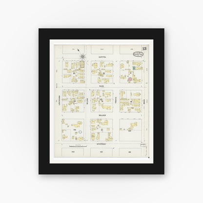 Old map wall art mockup — black gallery frame with white mat — Sanborn Fire Insurance Map from Houston, Harris County, Texas (1890), Sheet #0013