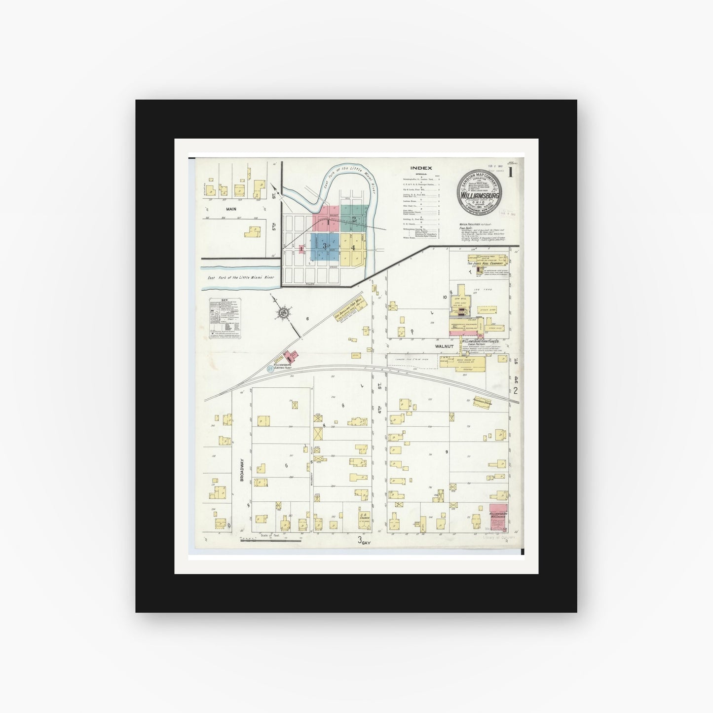 Old map wall art mockup — black gallery frame with white mat — Sanborn Fire Insurance Map from Williamsburg, Clermont County, Ohio (1911) - Complete Map Set
