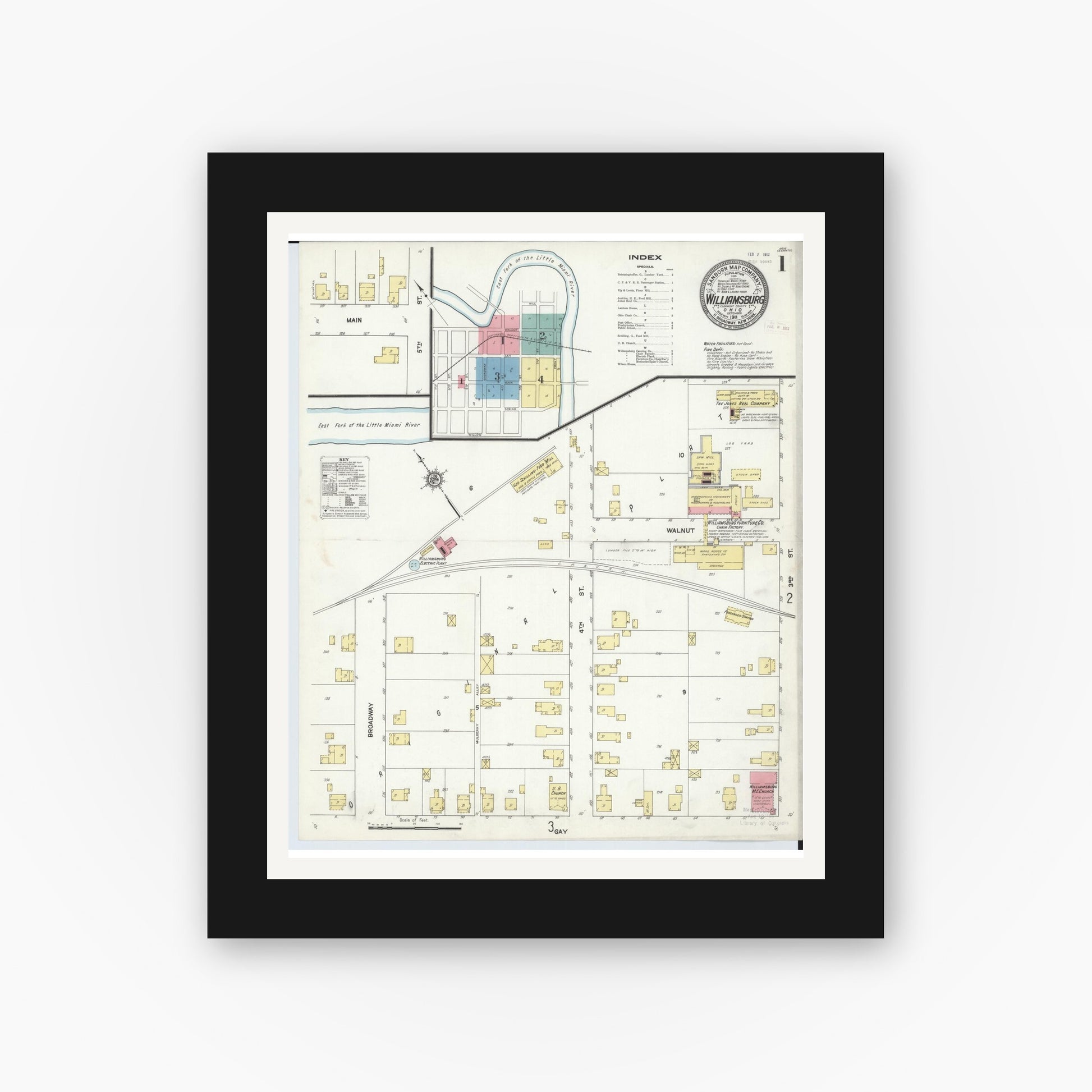 Old map wall art mockup — black gallery frame with white mat — Sanborn Fire Insurance Map from Williamsburg, Clermont County, Ohio (1911) - Complete Map Set