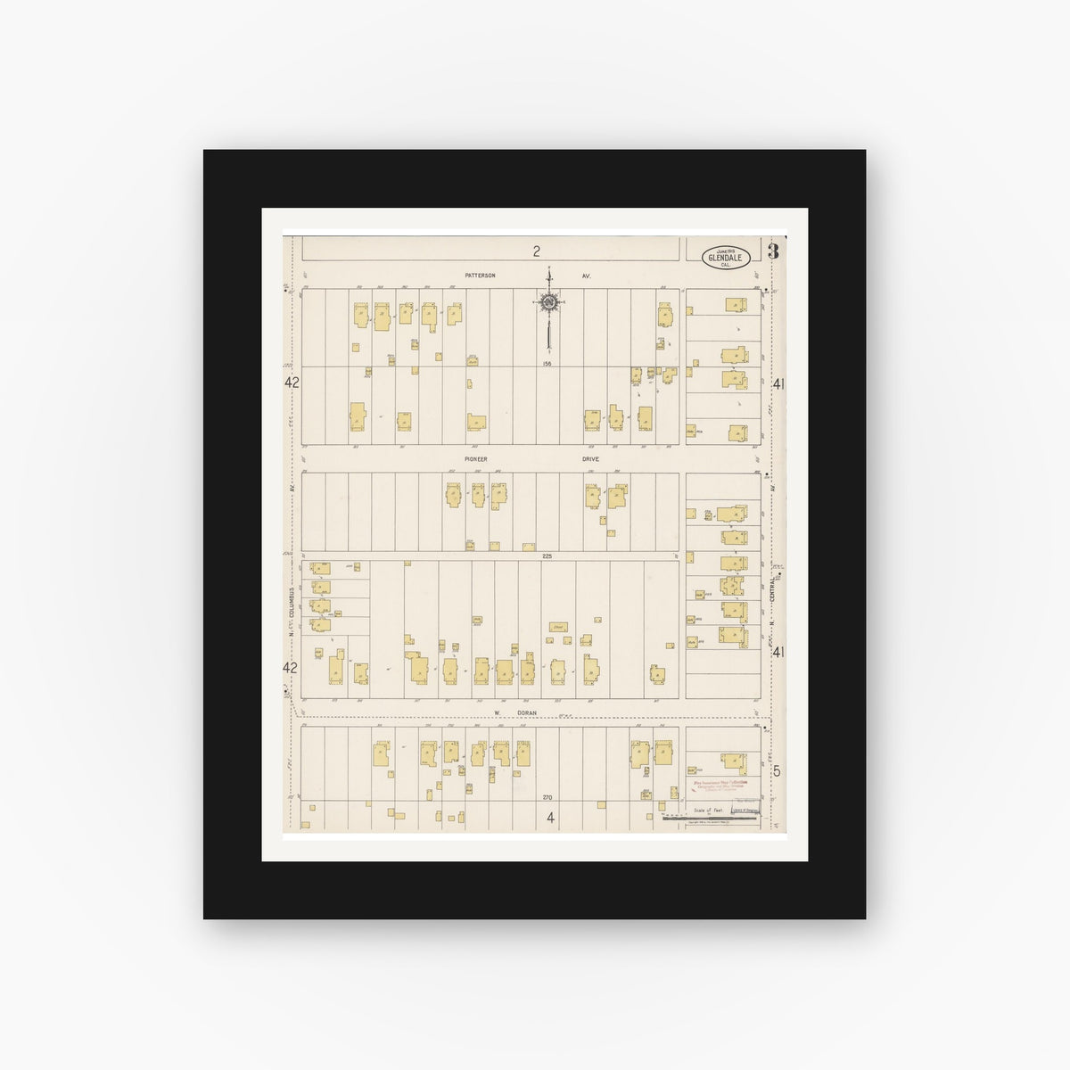 Old map wall art mockup — black gallery frame with white mat — Sanborn Fire Insurance Map from Glendale, Los Angeles County, California (1919), Sheet #0003