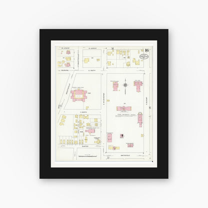 Old map wall art mockup — black gallery frame with white mat — Sanborn Fire Insurance Map from Raleigh, Wake County, North Carolina (1909), Sheet #0016