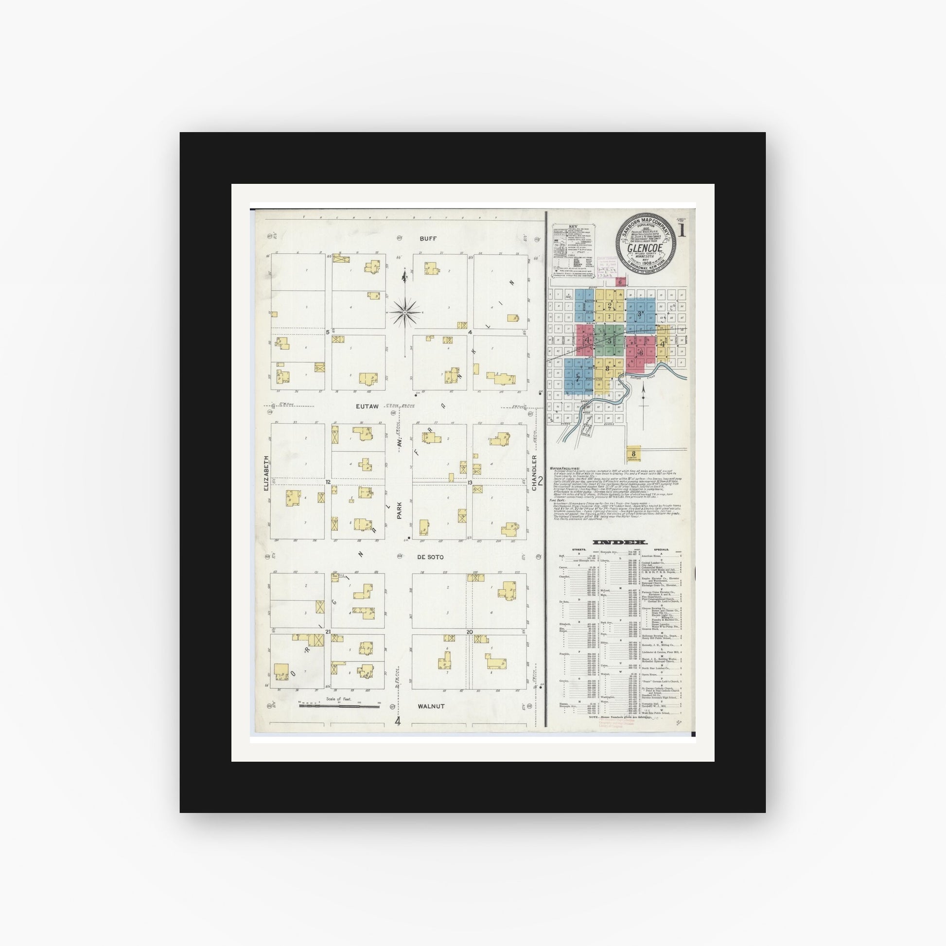 Old map wall art mockup — black gallery frame with white mat — Sanborn Fire Insurance Map from Glencoe, Mcleod County, Minnesota (1908), Sheet #0001