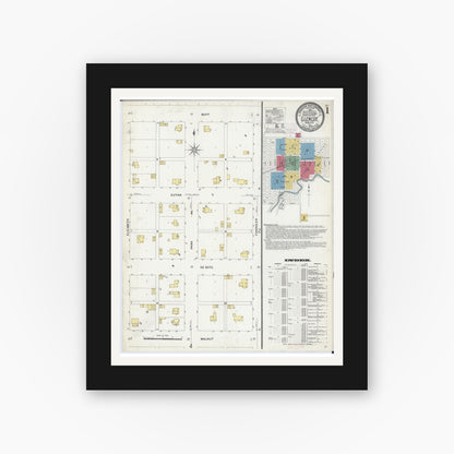 Old map wall art mockup — black gallery frame with white mat — Sanborn Fire Insurance Map from Glencoe, Mcleod County, Minnesota (1908), Sheet #0001