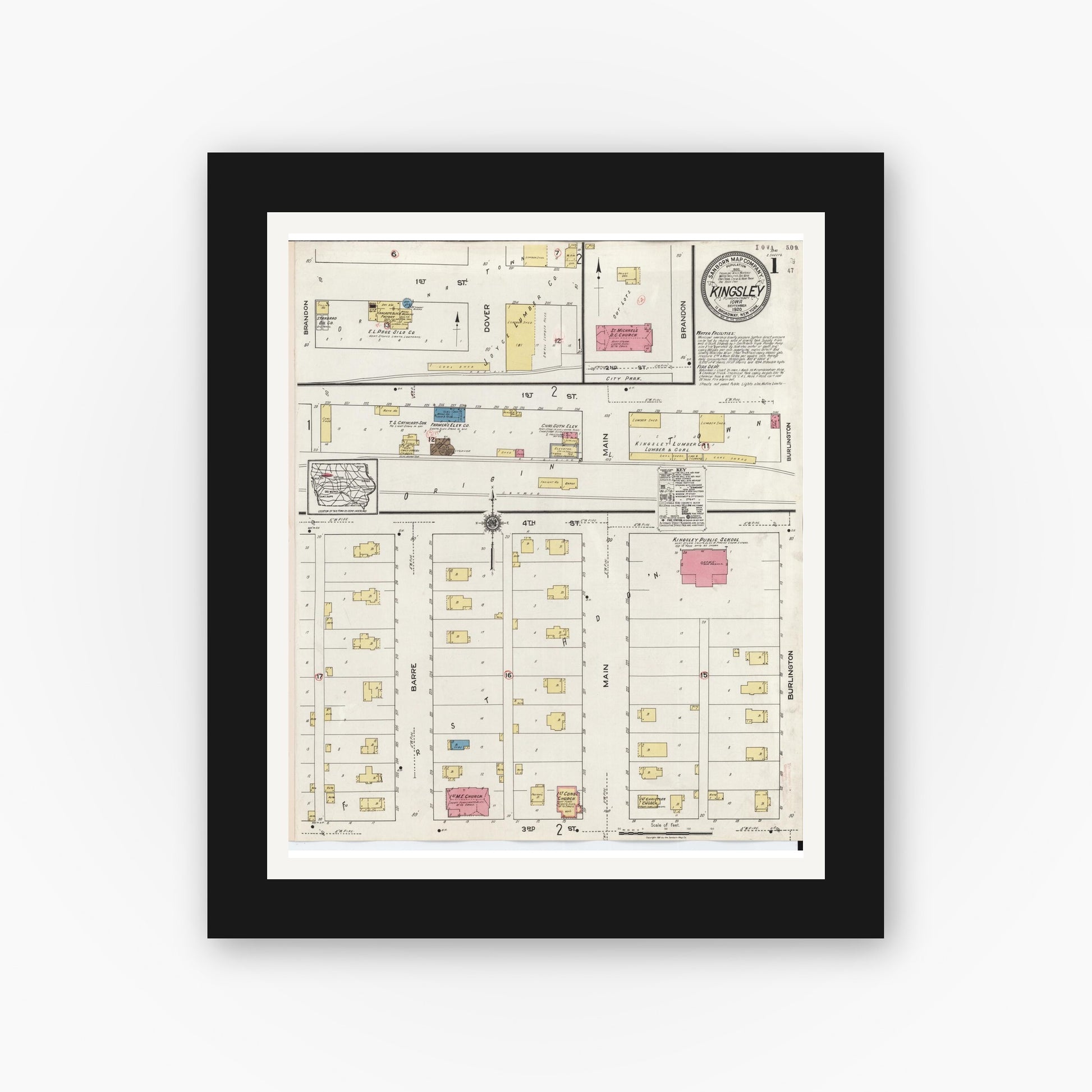 Old map wall art mockup — black gallery frame with white mat — Sanborn Fire Insurance Map from Kingsley, Plymouth County, Iowa (1920) â€” Complete Set