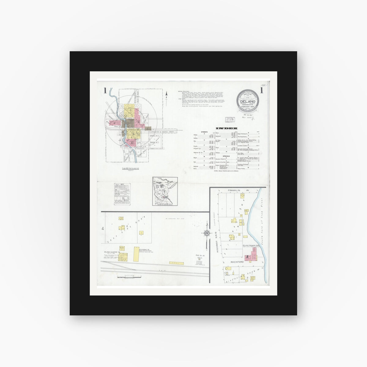Old map wall art mockup — black gallery frame with white mat — Sanborn Fire Insurance Map from Delano, Wright County, Minnesota (1930), Sheet #0001