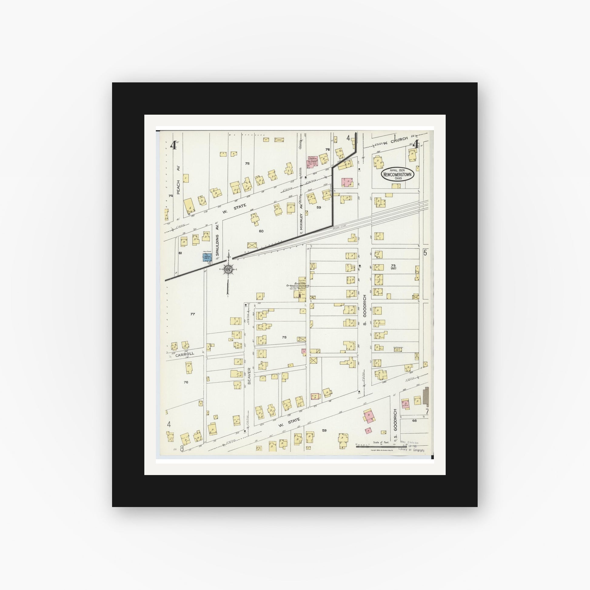 Old map wall art mockup — black gallery frame with white mat — Sanborn Fire Insurance Map from Newcomerstown, Tuscarawas County, Ohio (1924), Sheet #0004