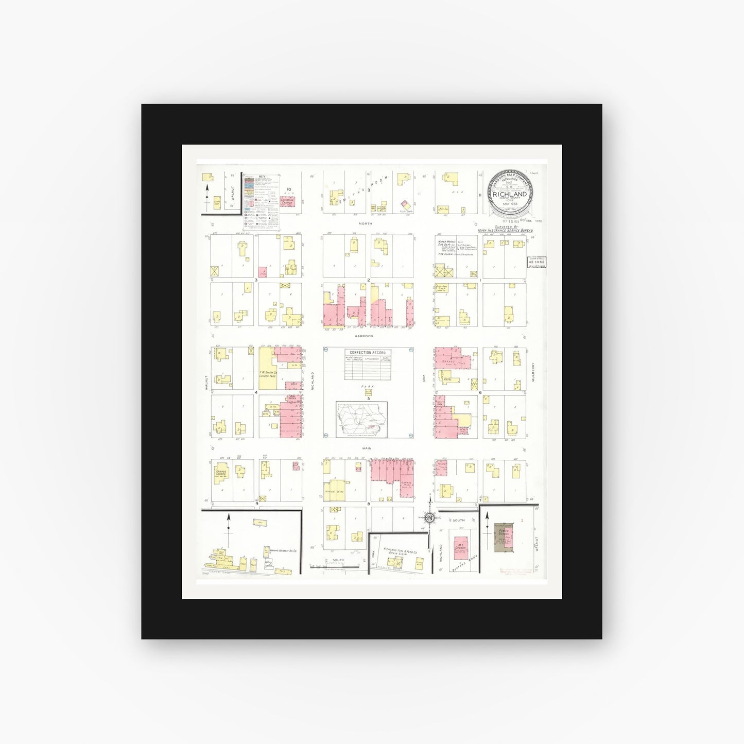 Old map wall art mockup — black gallery frame with white mat — Sanborn Fire Insurance Map from Richland, Keokuk County, Iowa (1933), Sheet #0001
