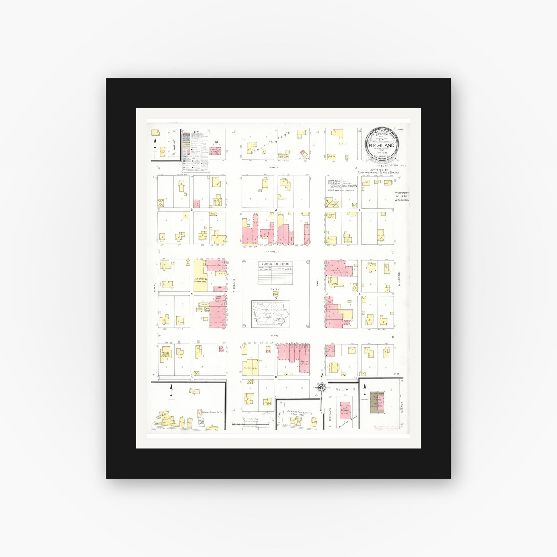Old map wall art mockup — black gallery frame with white mat — Sanborn Fire Insurance Map from Richland, Keokuk County, Iowa (1933), Sheet #0001