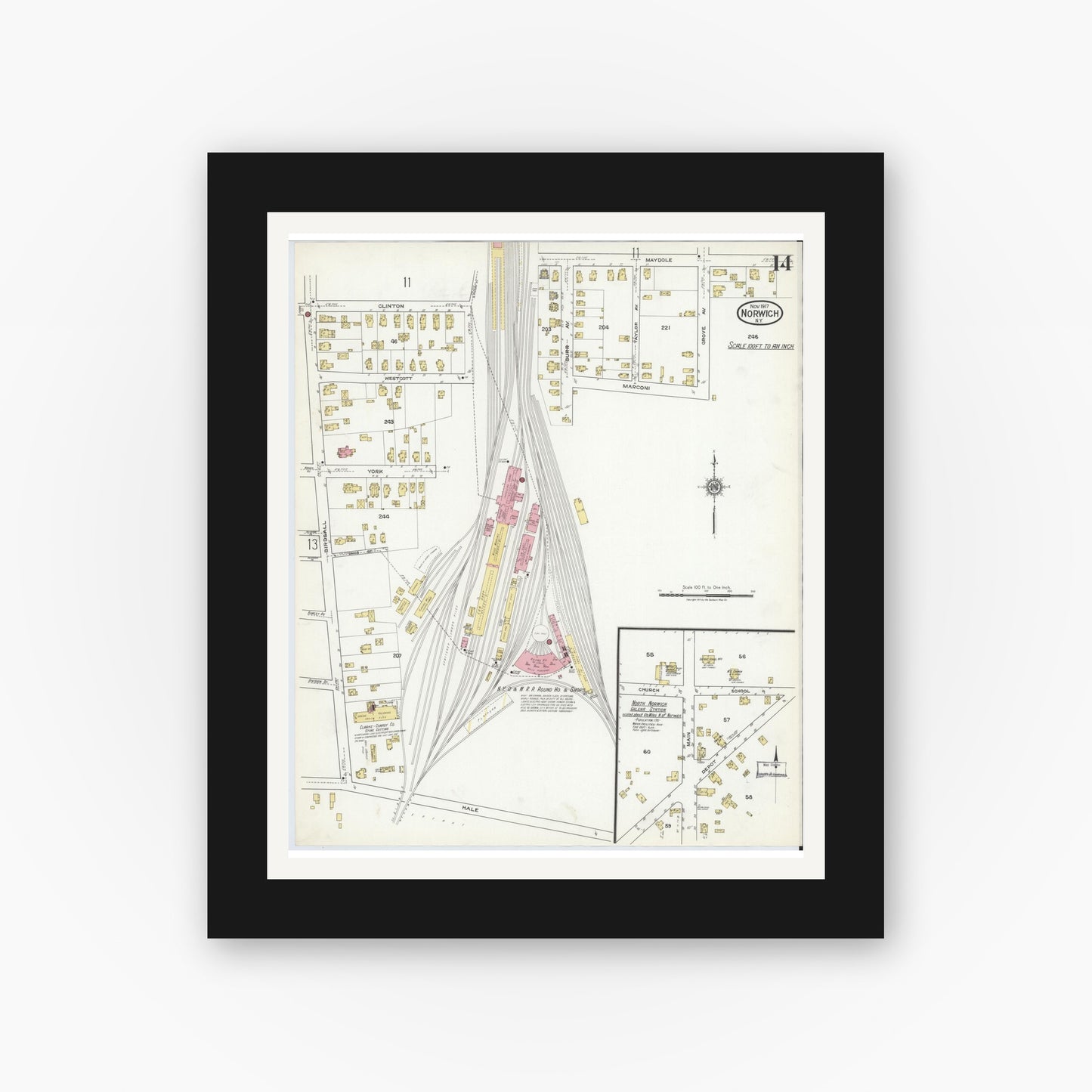 Old map wall art mockup — black gallery frame with white mat — Sanborn Fire Insurance Map from Norwich, Chenango County, New York (1917), Sheet #0014