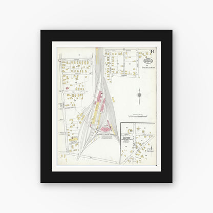 Old map wall art mockup — black gallery frame with white mat — Sanborn Fire Insurance Map from Norwich, Chenango County, New York (1917), Sheet #0014