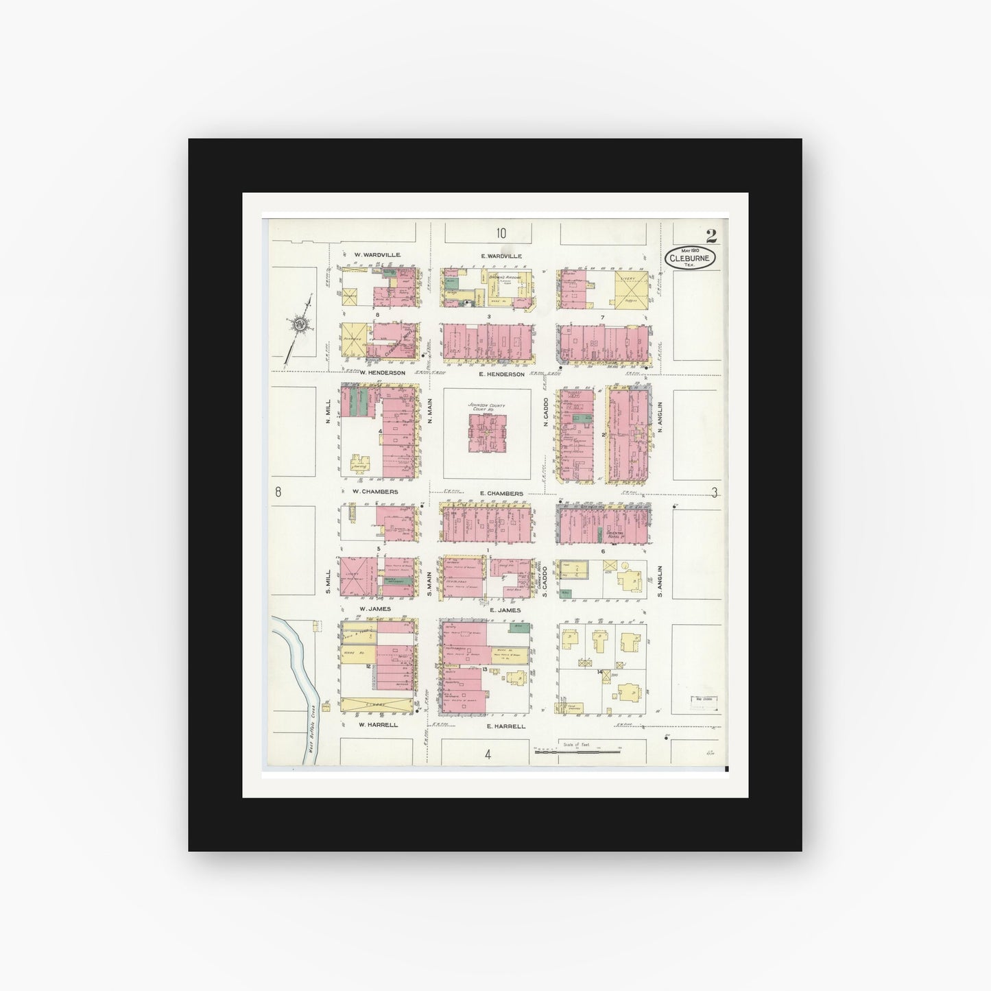 Old map wall art mockup — black gallery frame with white mat — Sanborn Fire Insurance Map from Cleburne, Johnson County, Texas (1910), Sheet #0002