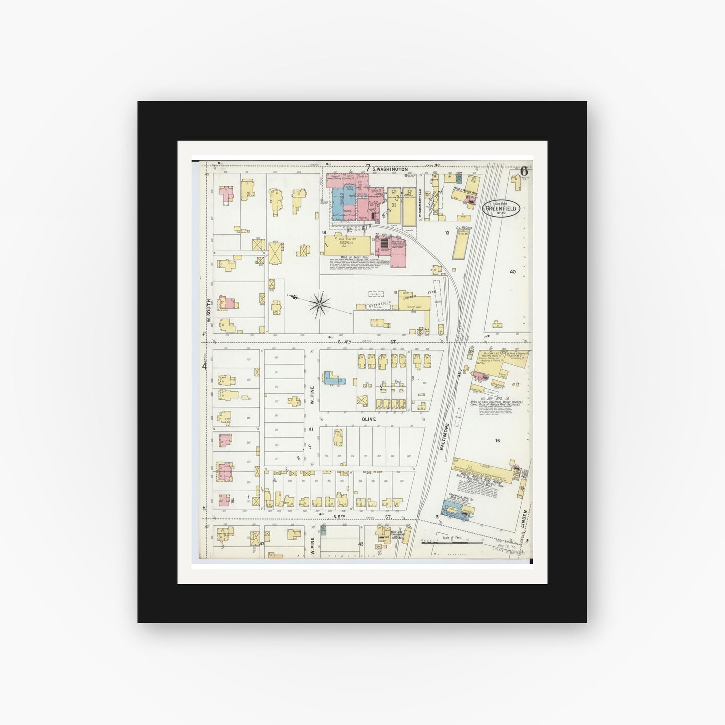 Old map wall art mockup — black gallery frame with white mat — Sanborn Fire Insurance Map from Greenfield, Highland County, Ohio (1899), Sheet #0006