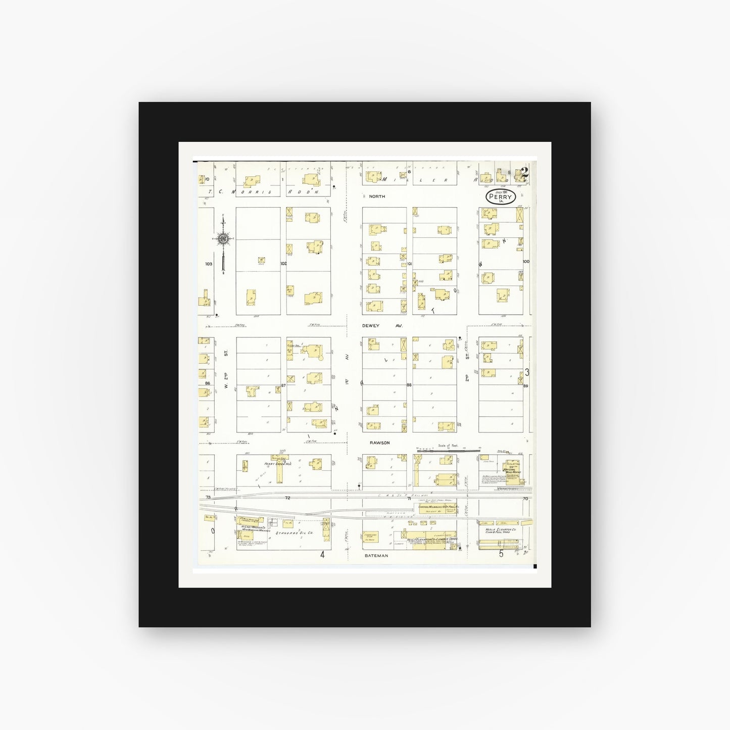 Old map wall art mockup — black gallery frame with white mat — Sanborn Fire Insurance Map from Perry, Dallas County, Iowa (1911), Sheet #0002
