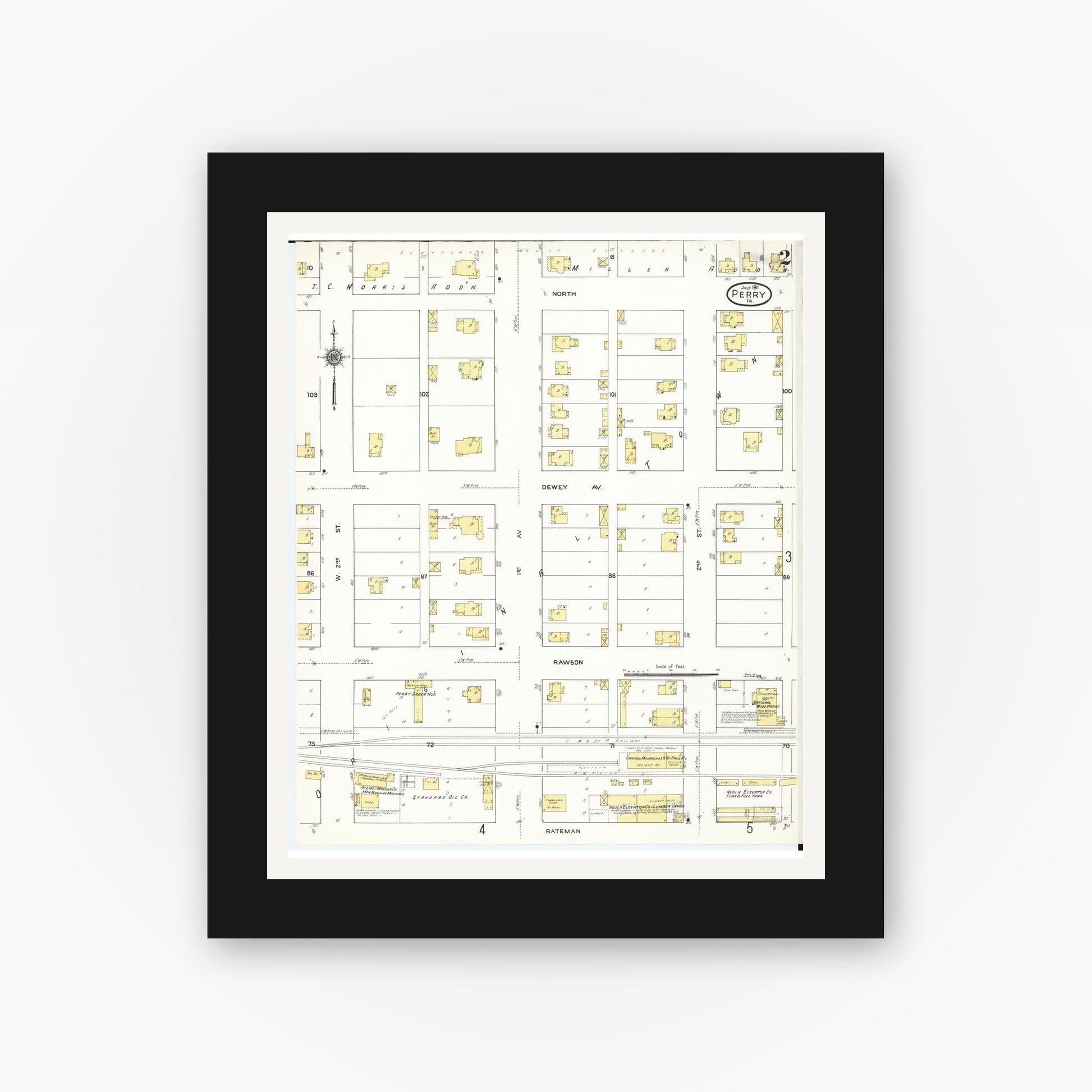Old map wall art mockup — black gallery frame with white mat — Sanborn Fire Insurance Map from Perry, Dallas County, Iowa (1911), Sheet #0002
