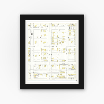 Old map wall art mockup — black gallery frame with white mat — Sanborn Fire Insurance Map from Perry, Dallas County, Iowa (1911), Sheet #0002