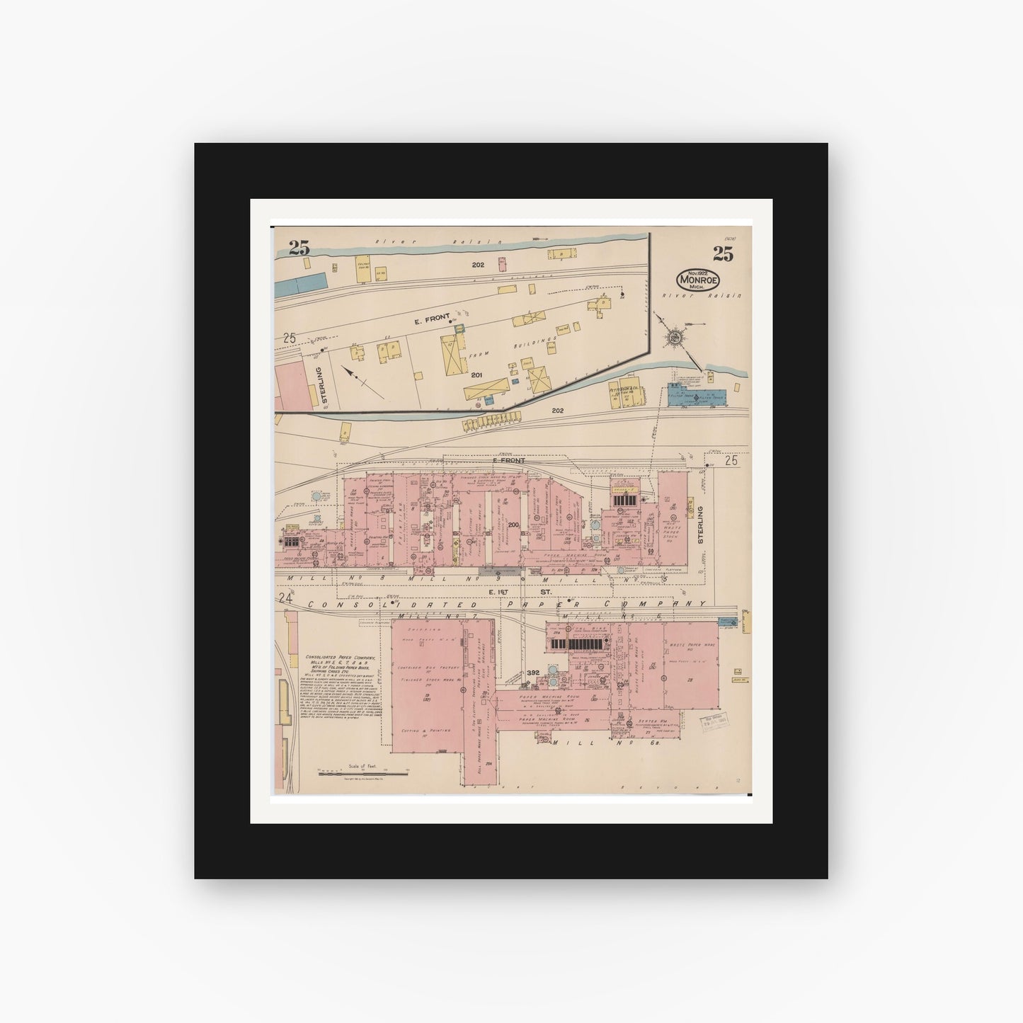 Old map wall art mockup — black gallery frame with white mat — Sanborn Fire Insurance Map from Monroe, Monroe County, Michigan (1922), Sheet #0025