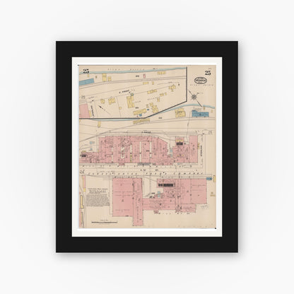 Old map wall art mockup — black gallery frame with white mat — Sanborn Fire Insurance Map from Monroe, Monroe County, Michigan (1922), Sheet #0025