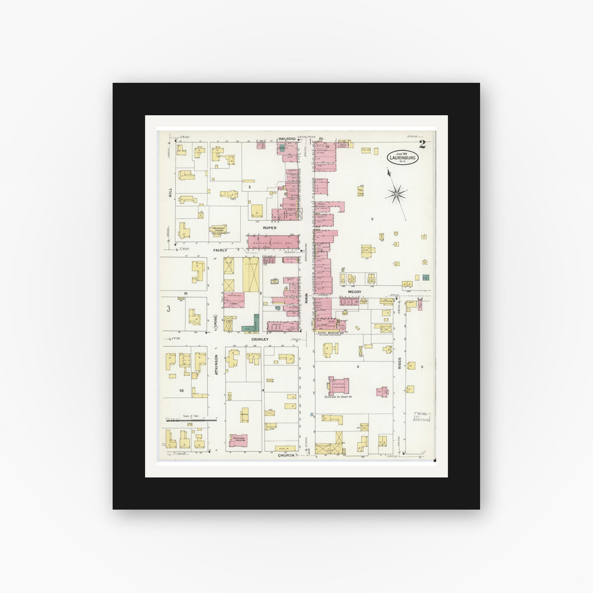 Old map wall art mockup — black gallery frame with white mat — Sanborn Fire Insurance Map from Laurinburg, Scotland County, North Carolina (1909), Sheet #0002