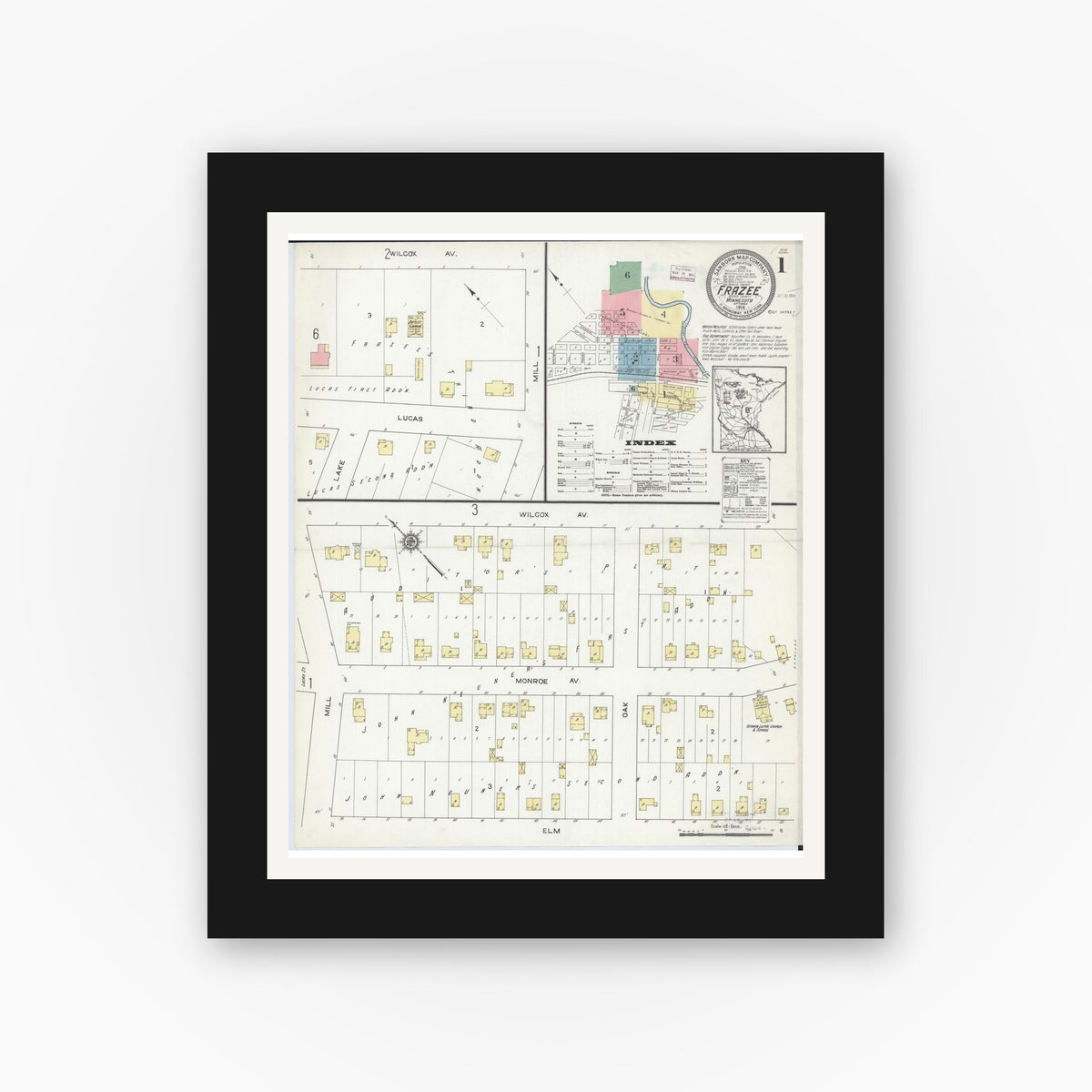 Old map wall art mockup — black gallery frame with white mat — Sanborn Fire Insurance Map from Frazee, Becker County, Minnesota (1914) - Complete Map Set