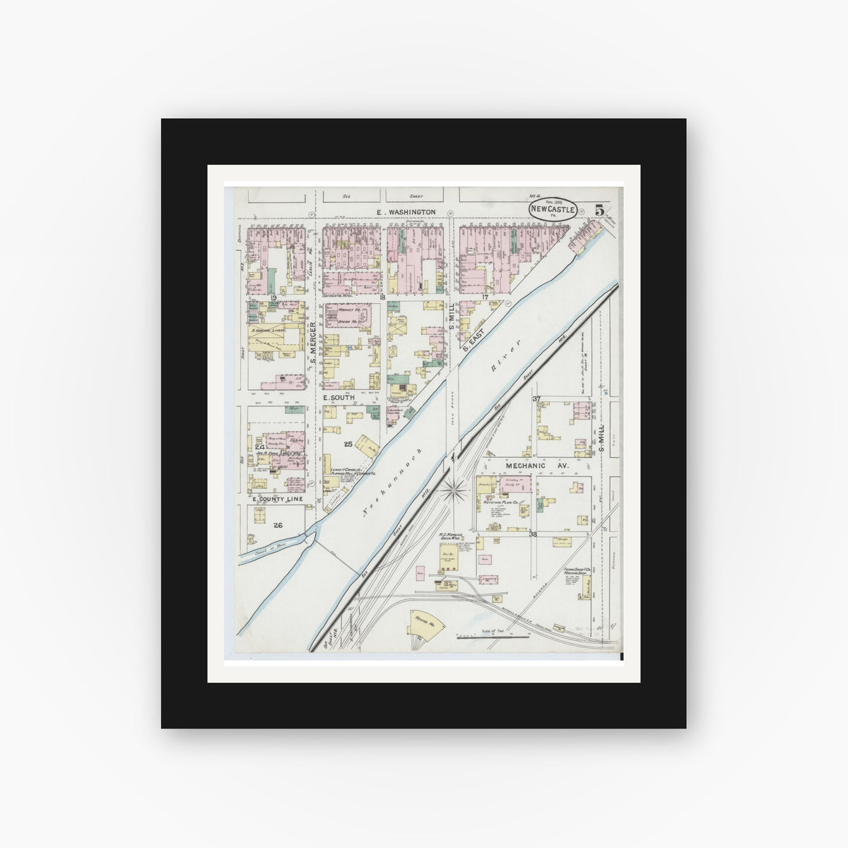 Old map wall art mockup — black gallery frame with white mat — Sanborn Fire Insurance Map from New Castle, Lawrence County, Pennsylvania (1888), Sheet #0005
